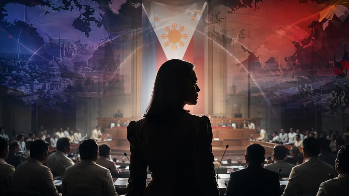 Silhouetted Philippine political figure in a tense Senate chamber with world map and global connections.