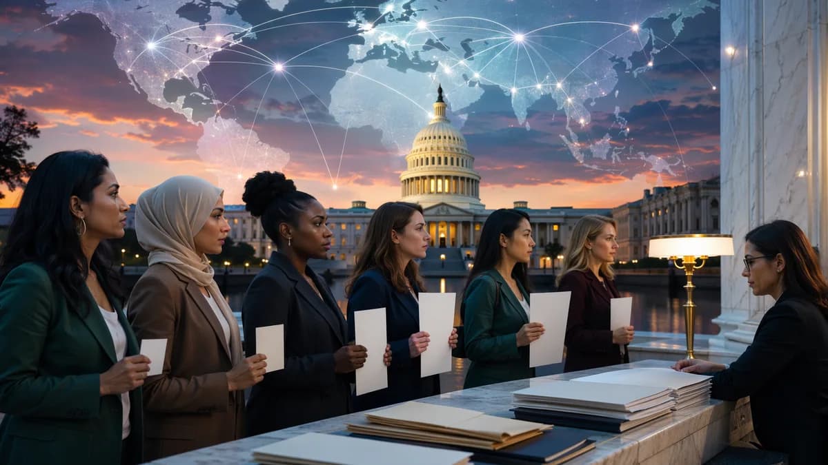Women face document hurdles near the U.S. Capitol with global map connections in a dramatic editorial scene.