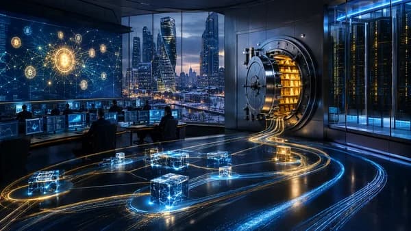 Secure banking control room with abstract crypto trading rails and a snowy financial skyline.