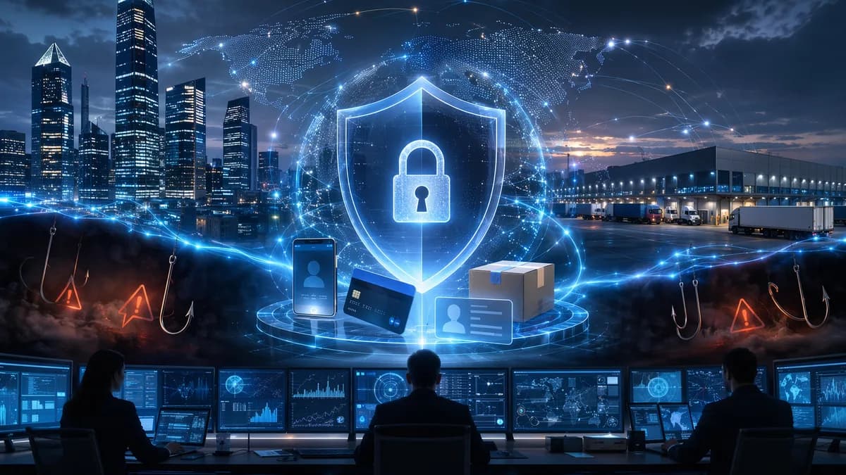 Cybersecurity shield protecting finance and e-commerce users from online scams in a dark tech cityscape