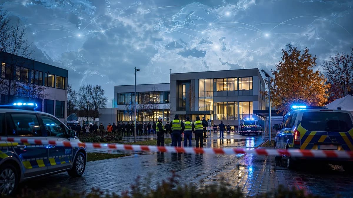 German school cordoned off by police and emergency responders after a serious attack, with global news map overlay.
