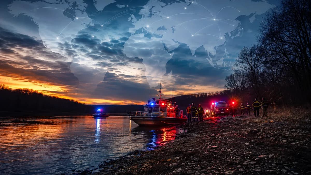 Somber river rescue scene with emergency lights, wooded banks, and subtle global map overlay