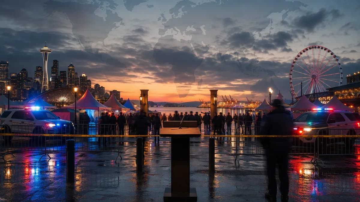 Seattle festival scene with police lights and global map overlay, symbolizing crisis response scrutiny.