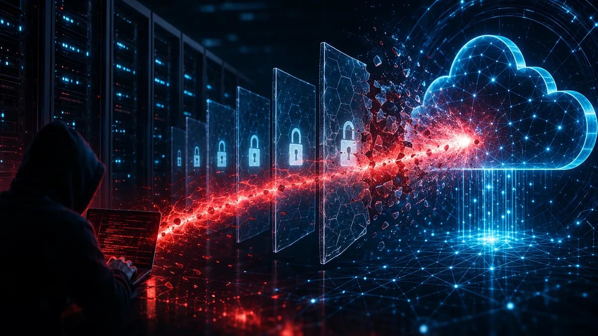 Dark data center with breached digital shields and locks symbolizing exploited RCE in an AI platform.