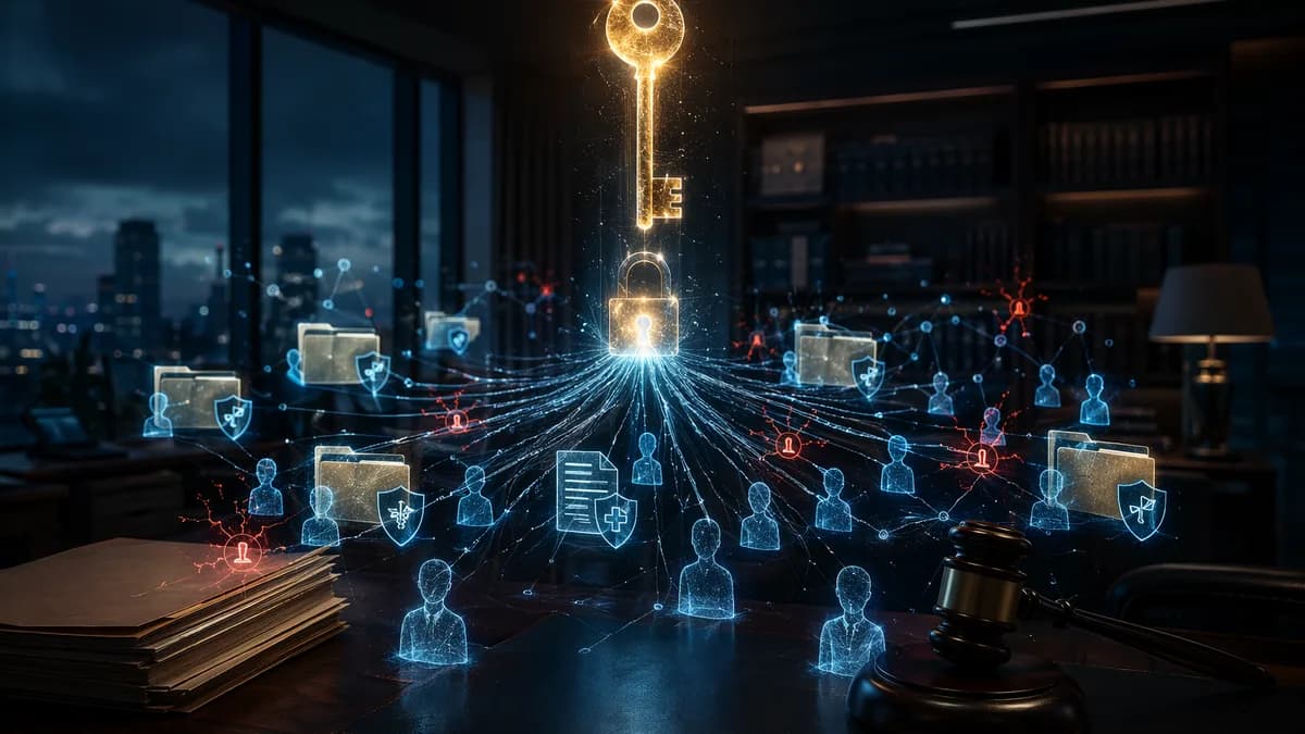 Glowing master key over user profiles in a dark law office, symbolizing exposed sensitive data