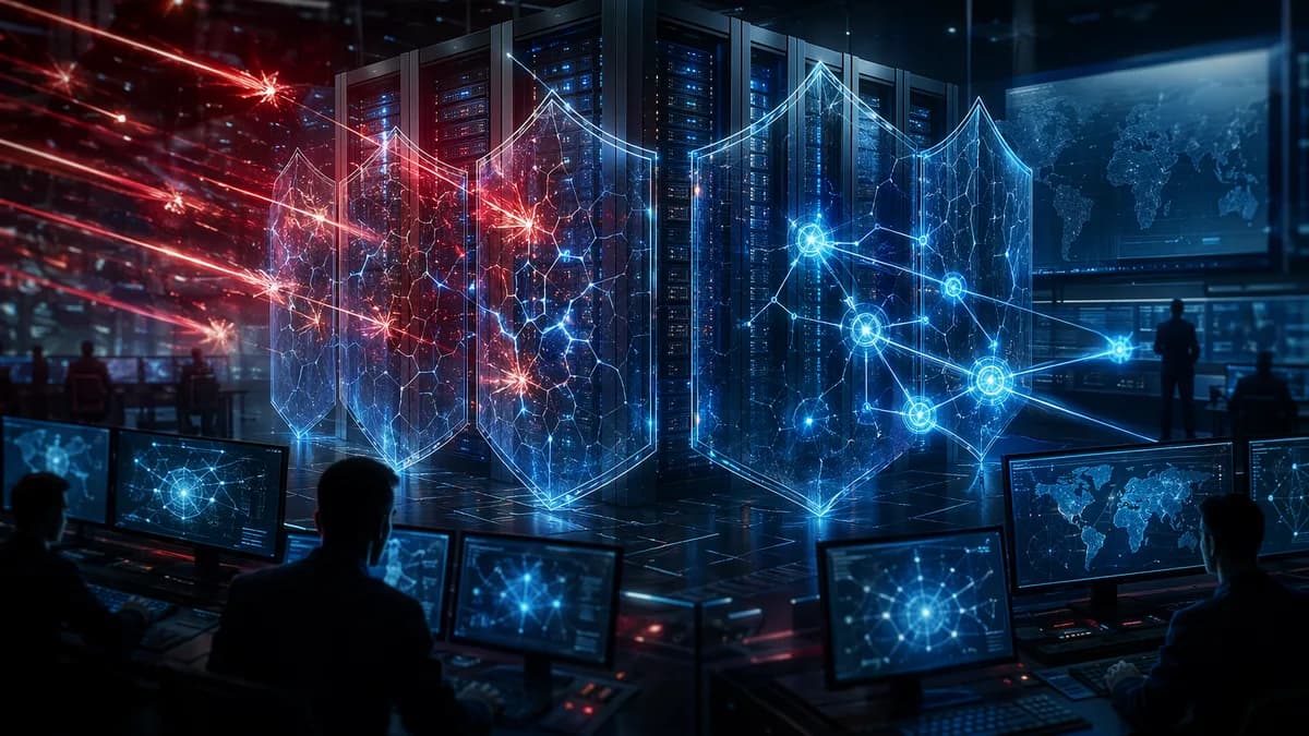 Enterprise servers under cyberattack protected by glowing shields and urgent patching visuals.
