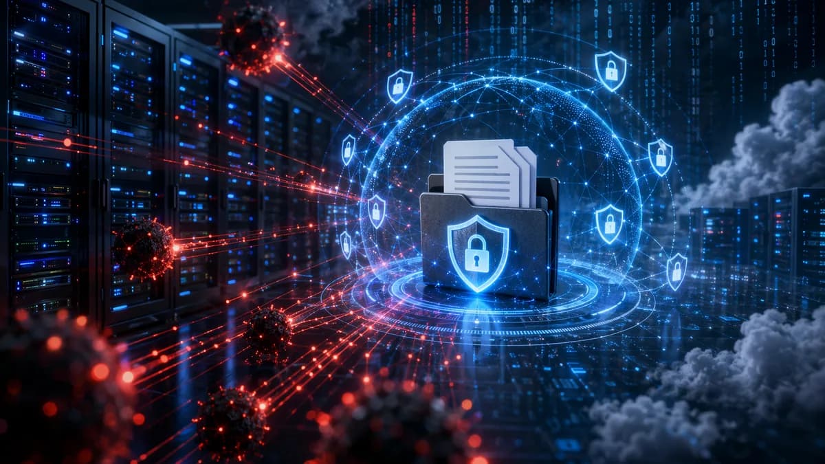 Cyberattack on a corporate document server with shields, locks, and glowing data streams.