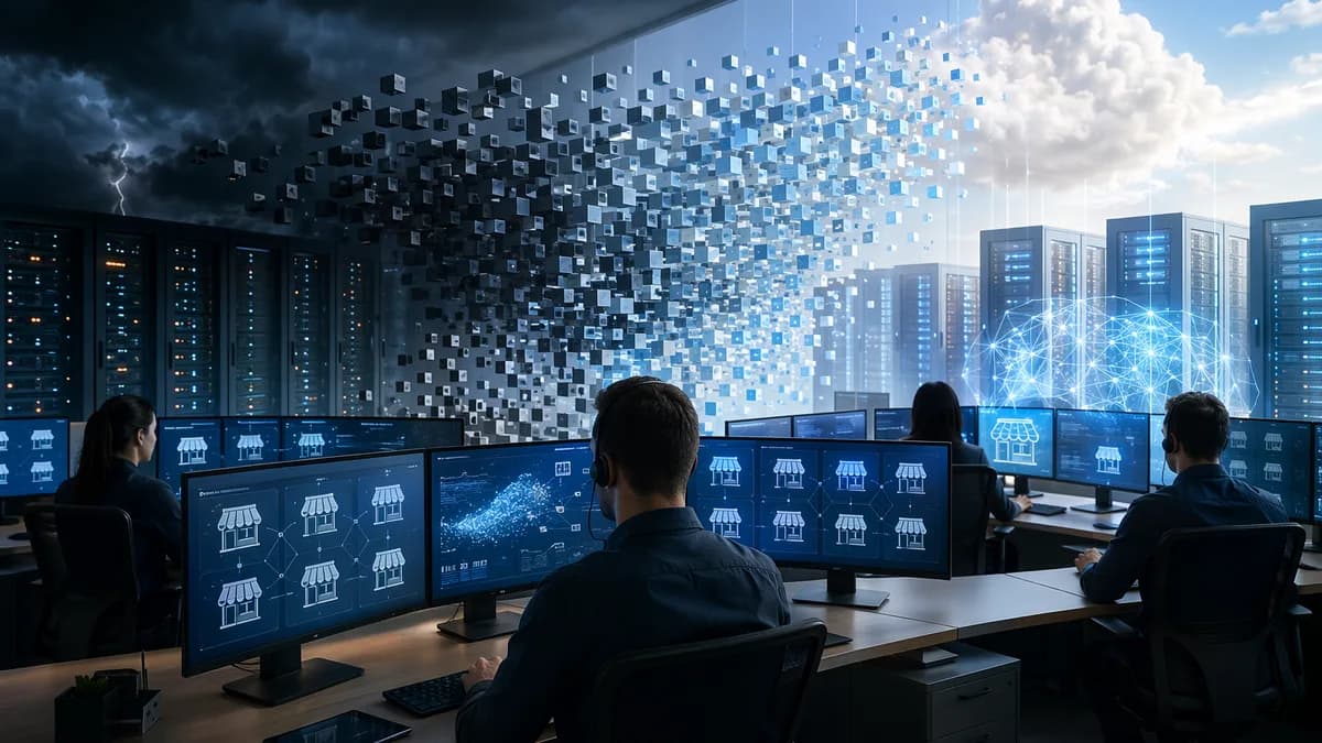 Retail IT systems migrating virtual servers from legacy infrastructure to cloud in a futuristic operations center.