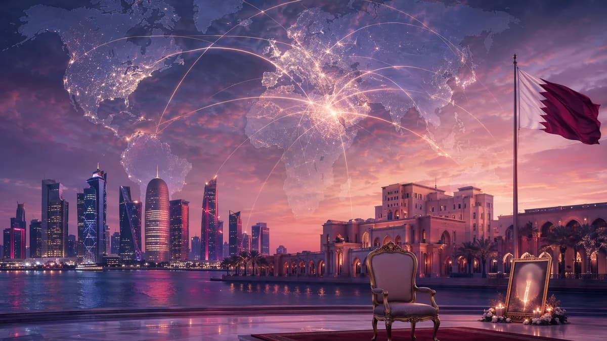 Doha skyline with memorial glow, world map overlay, and global connection arcs for a Qatar leadership news story.