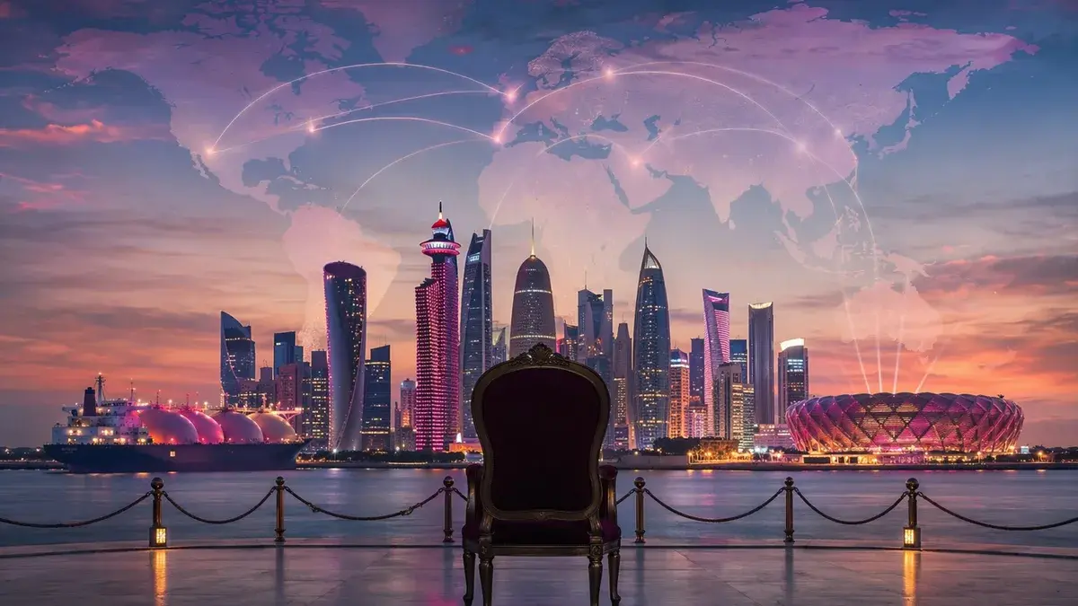 Solemn Doha skyline with global connections symbolizing Qatar’s geopolitical rise and Sheikh Hamad’s legacy.