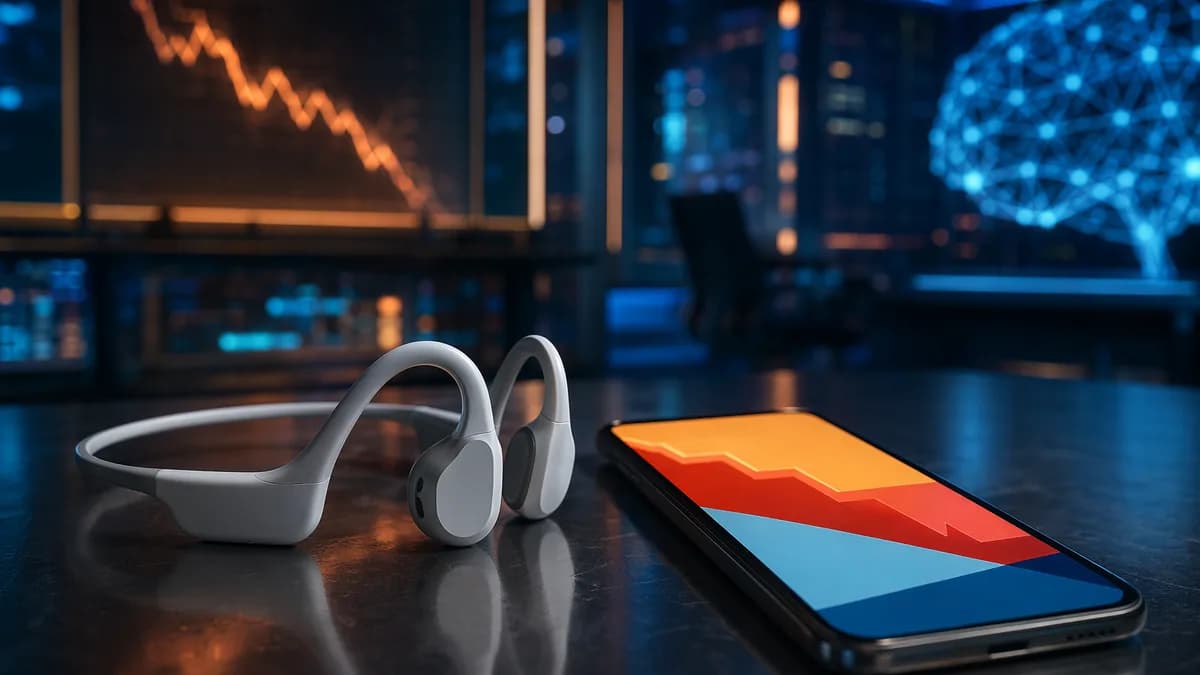 Open-ear sport headphones on a futuristic desk with abstract deal visuals and cinematic tech lighting.