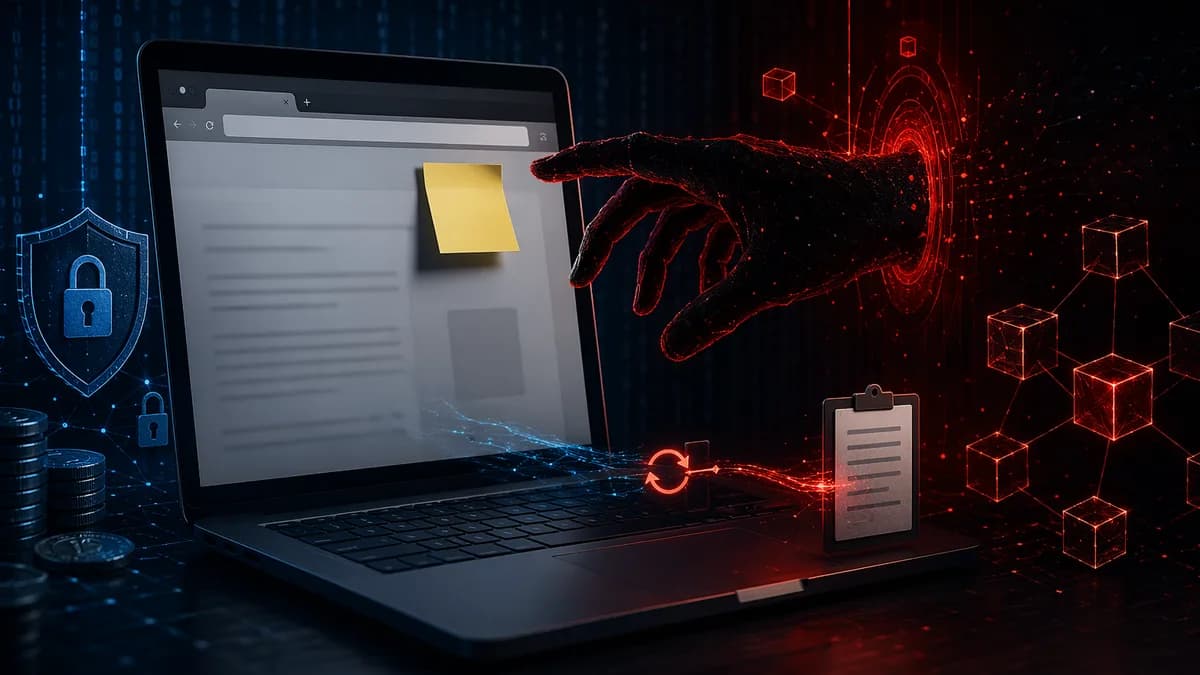 Malicious browser extension intercepting crypto wallet data on a dark cybersecurity-themed laptop scene