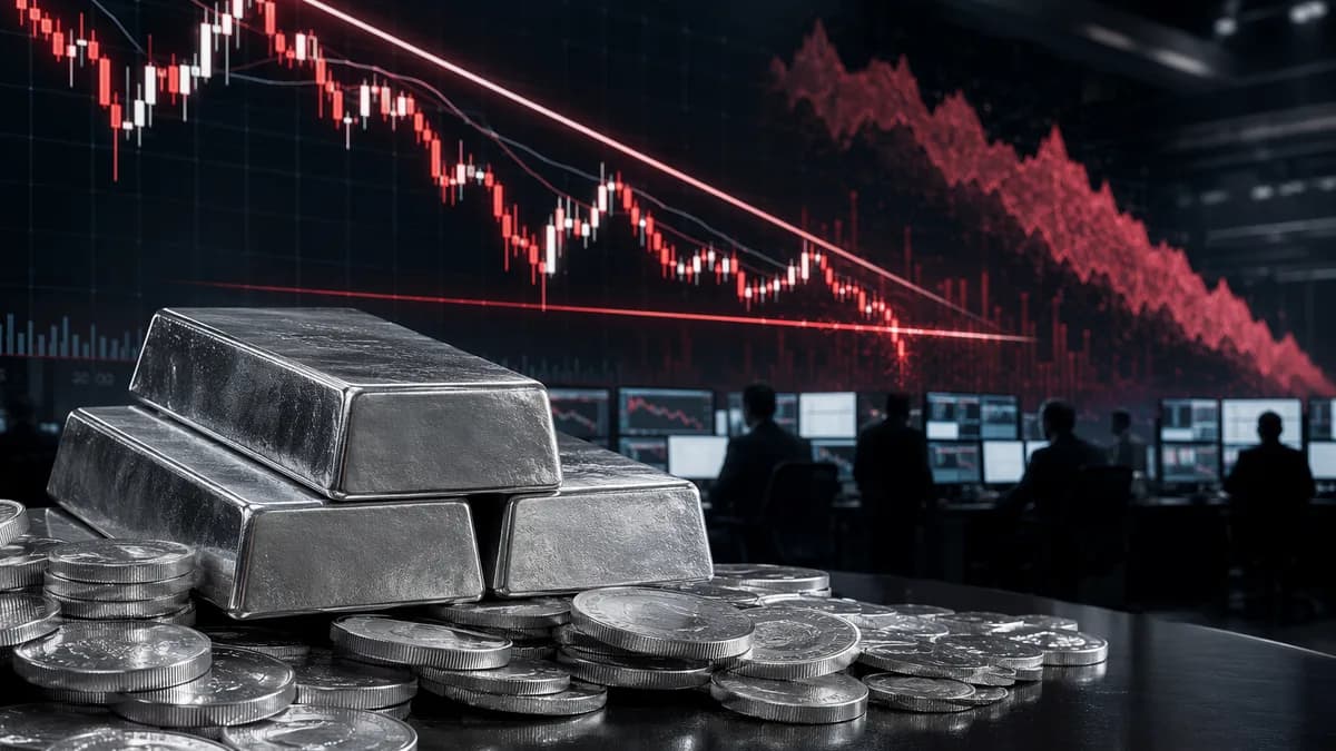 Bearish silver trading scene with silver bars, downward charts, and market screens on a modern trading floor