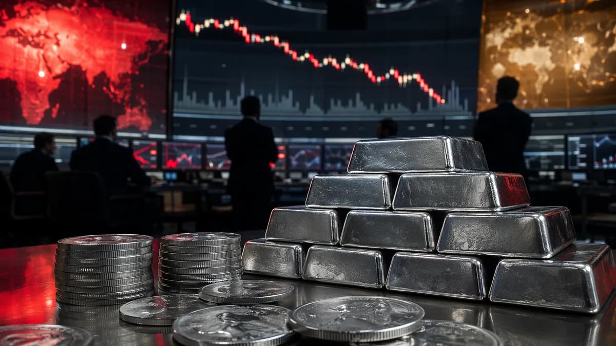 Silver bars on a cautious trading desk with downward market charts and tense cinematic lighting
