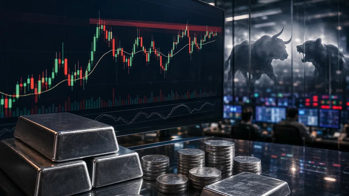 Silver trading chart stalls at moving-average resistance with silver bars on a modern market desk.