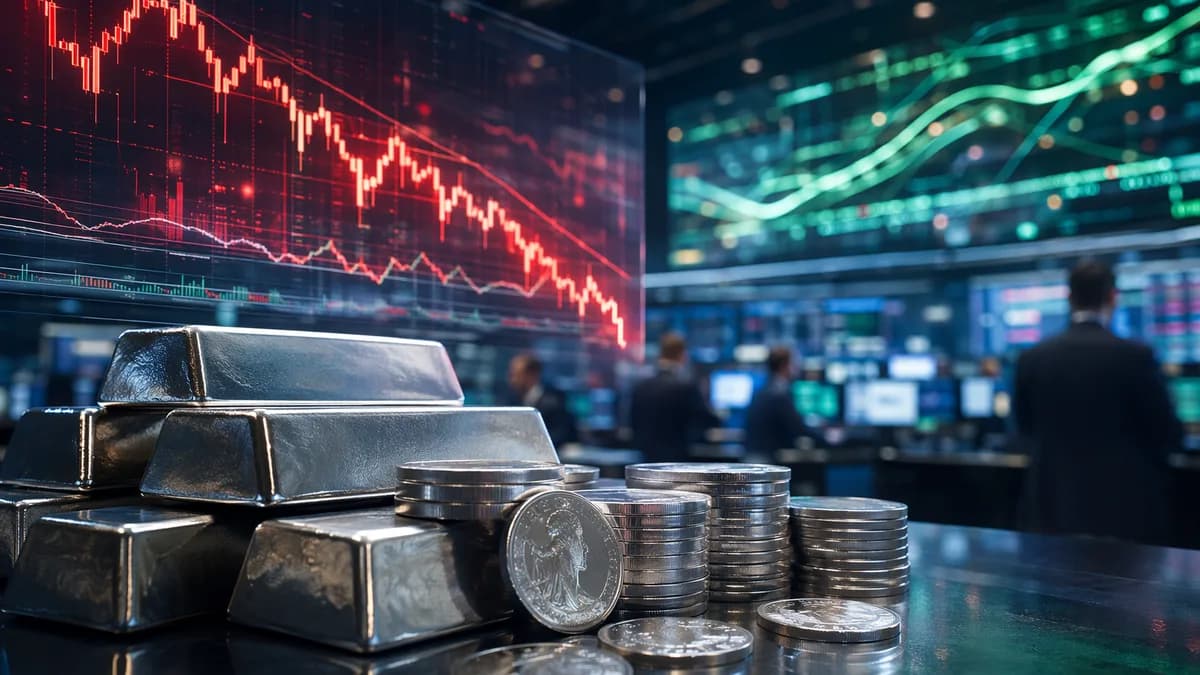 Silver bars on a trading floor with falling market charts and data screens.