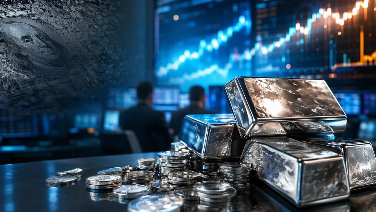 Silver bullion on a trading desk with rising market charts and a fading dollar backdrop.