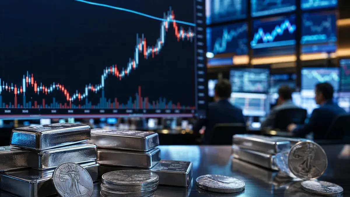 Silver bars on a trading desk with market charts showing a rally stalling below resistance.