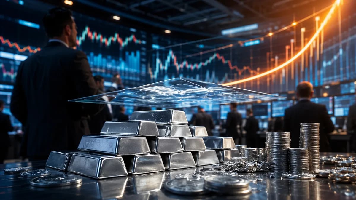 Silver bars on a trading floor with market charts suggesting stalled momentum and rising yield pressure.