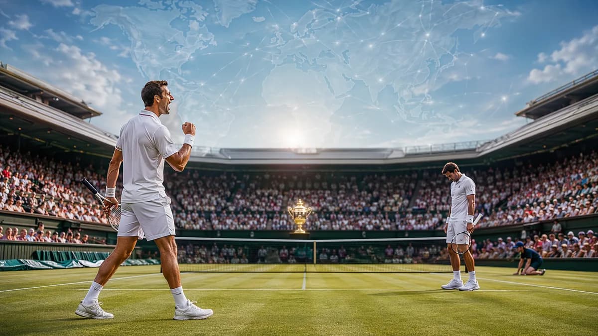 Dramatic grass-court tennis match with global map overlay symbolizing a major Wimbledon upset.