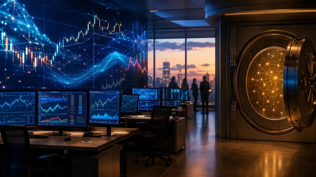 AI hedge fund trading floor with market data screens and a private equity vault concept