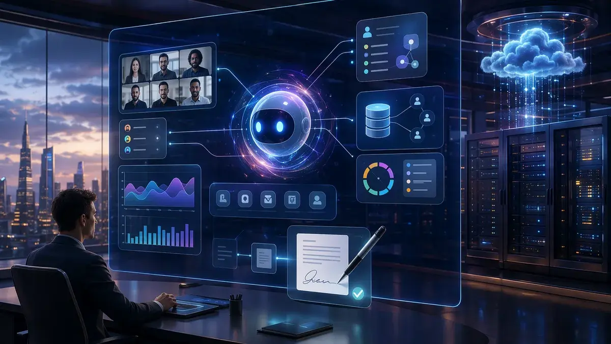 AI assistant connecting CRM data, charts, and document workflows in a modern SaaS dashboard