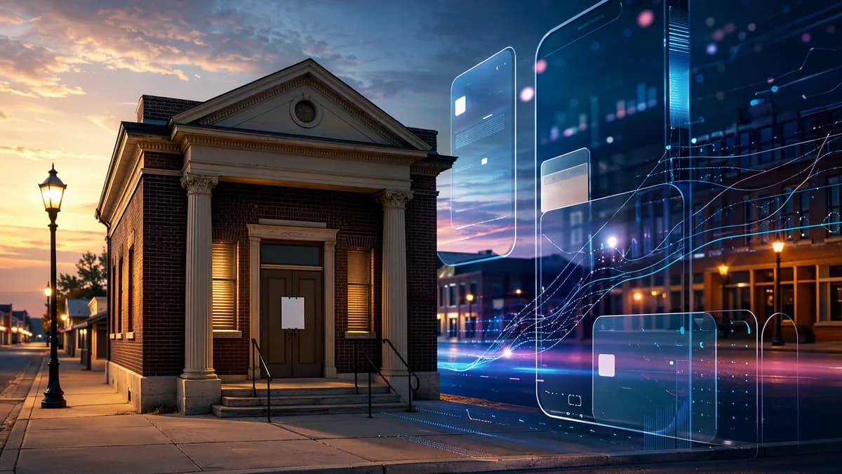 Tiny closed community bank with abstract digital finance overlays at dusk.