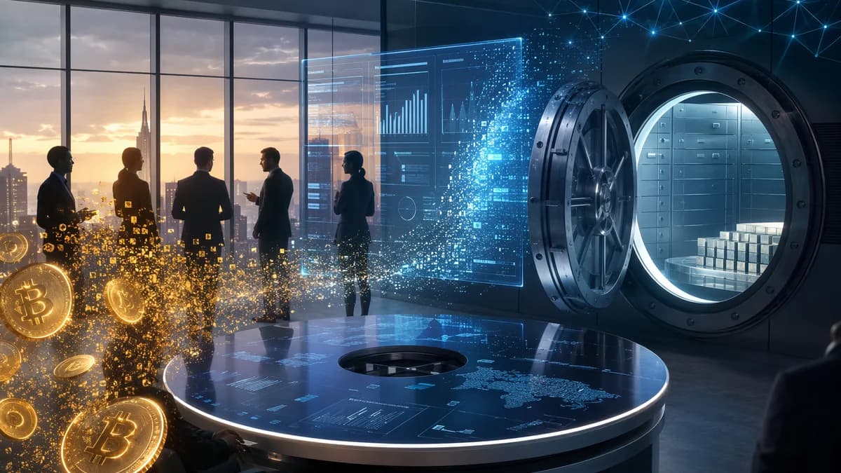 Fintech treasury scene showing Bitcoin assets used to clear corporate debt.