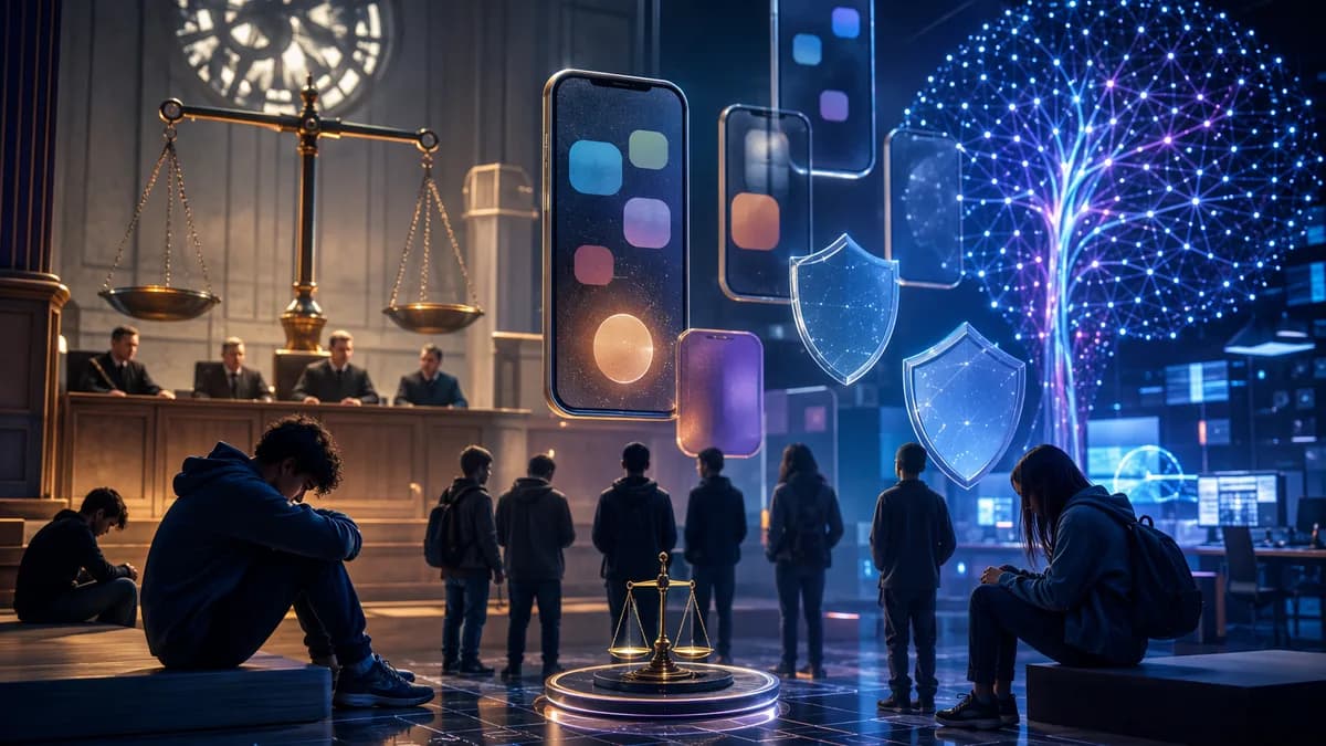 Symbolic tech courtroom scene with phones, scales, and teen silhouettes representing social media addiction lawsuits.
