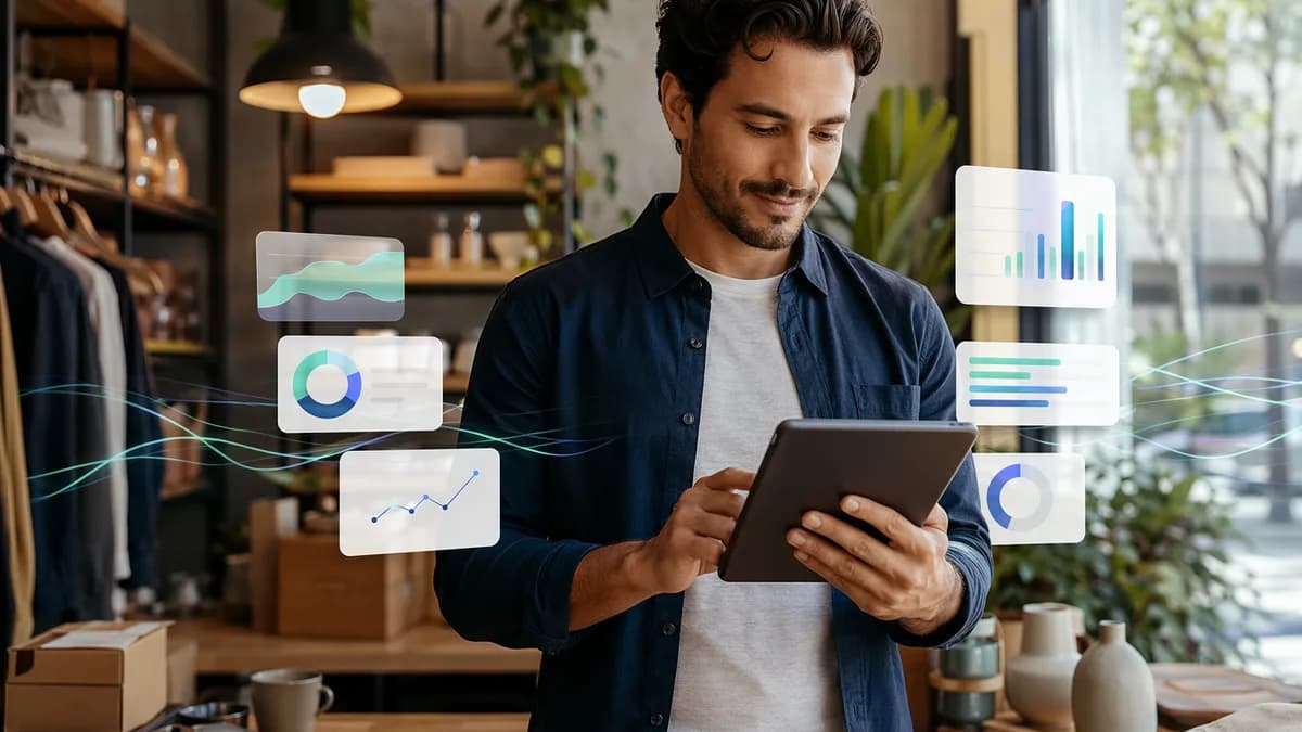 Small business owner reviewing a digital banking loan app in a modern storefront setting
