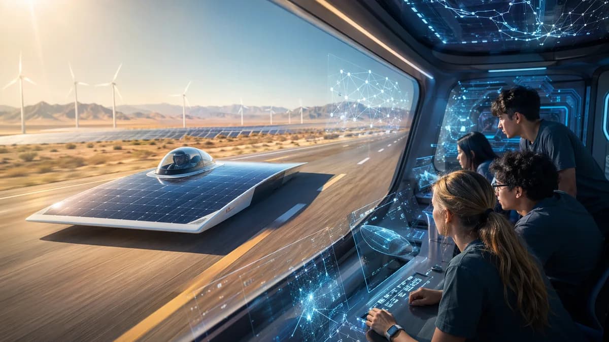 Solar race car on a sunlit Texas highway with teen engineers monitoring from a futuristic support vehicle.