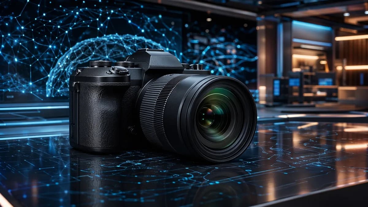 Premium superzoom camera in a futuristic tech workspace with neural network visuals and cinematic lighting