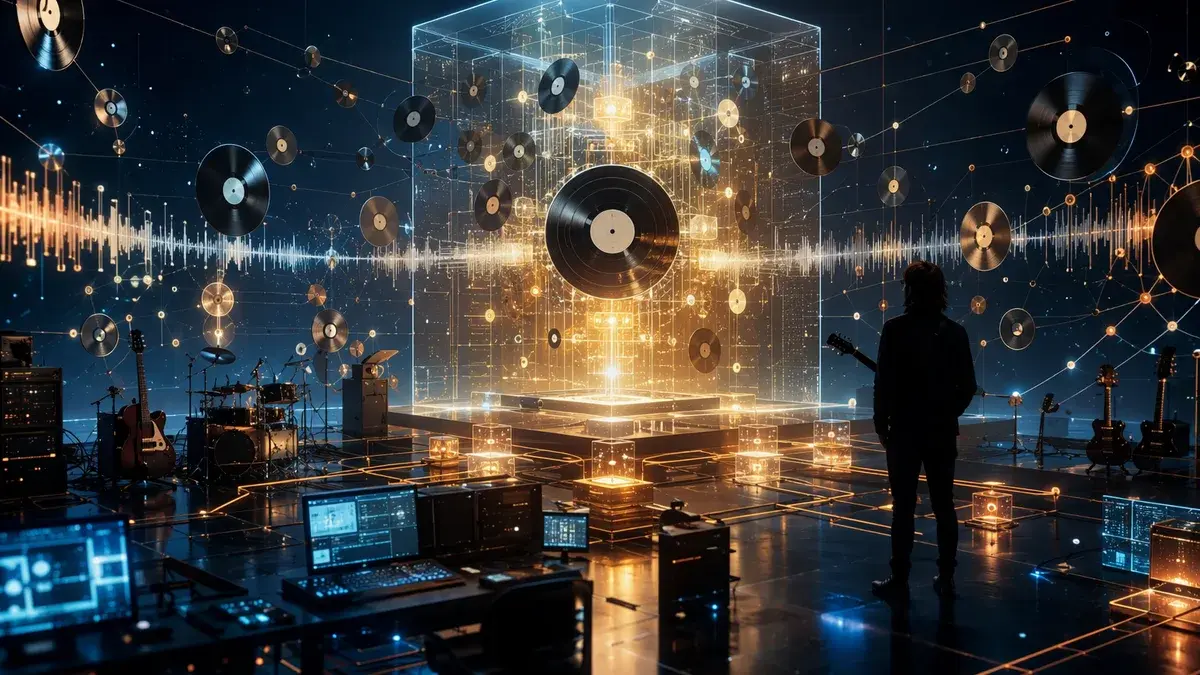 Futuristic digital music archive with records, data nodes, and instruments in a sleek tech workspace.