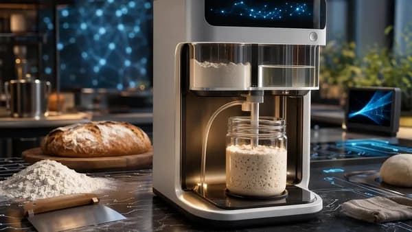 Smart kitchen device automating sourdough starter feeding in a futuristic baking workspace