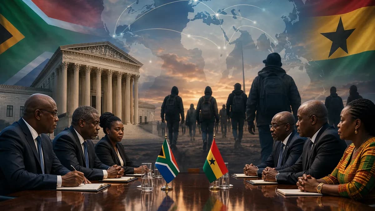 Diplomatic scene with migrants, courthouse, and world map symbolizing Ghana-South Africa legal dispute.