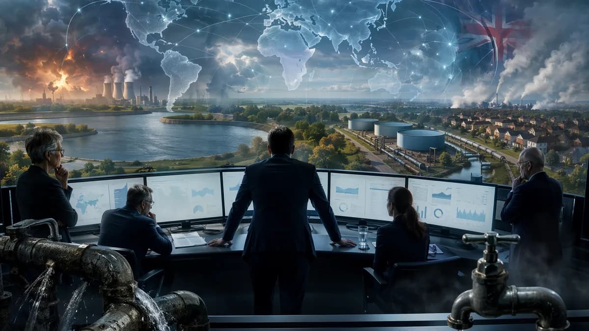 Regulators review water infrastructure failures with UK reservoirs, pipelines, and a global map backdrop.