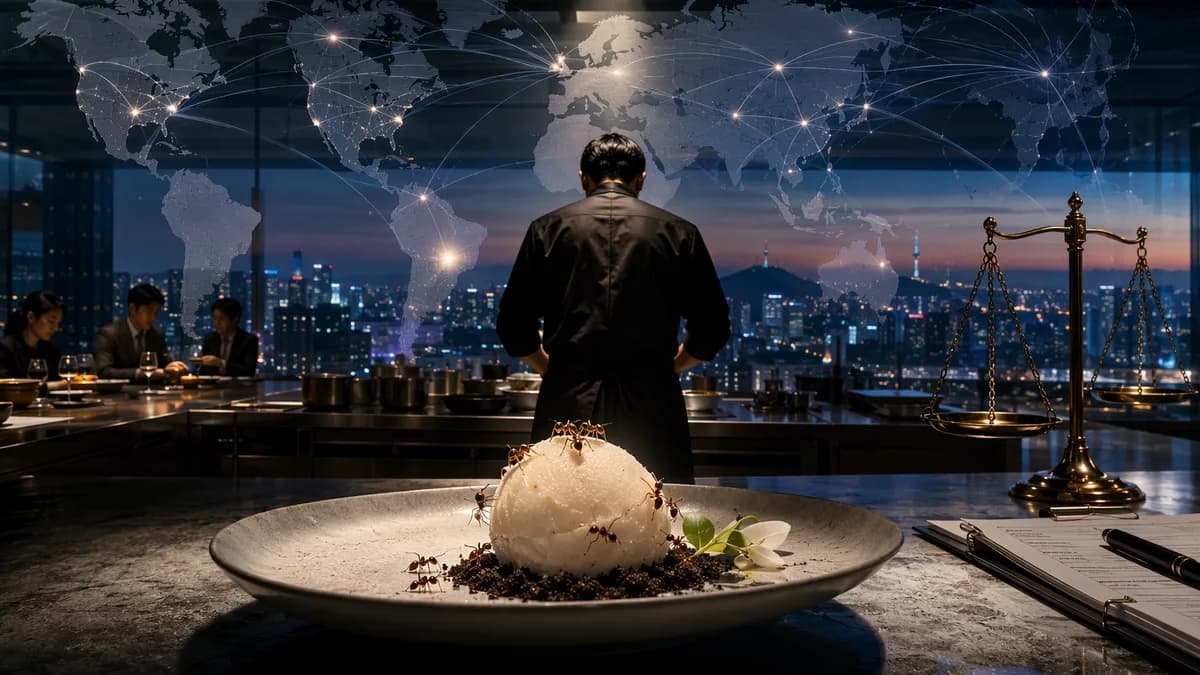 South Korean fine-dining dessert with ants under legal scrutiny and global map backdrop