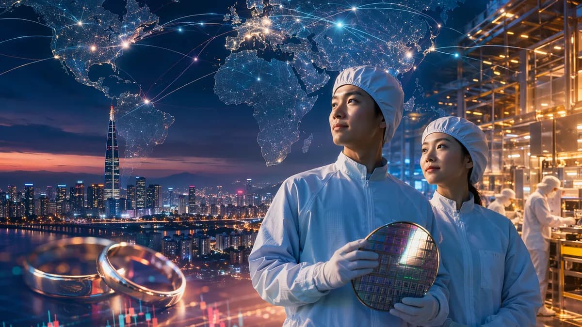 Seoul chip engineers before a glowing fab and global map, symbolizing wealth and marriage prospects.