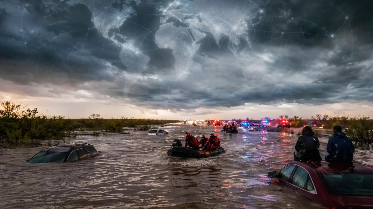 South Texas flooding strands motorists as rescue boats navigate a submerged rural highway.