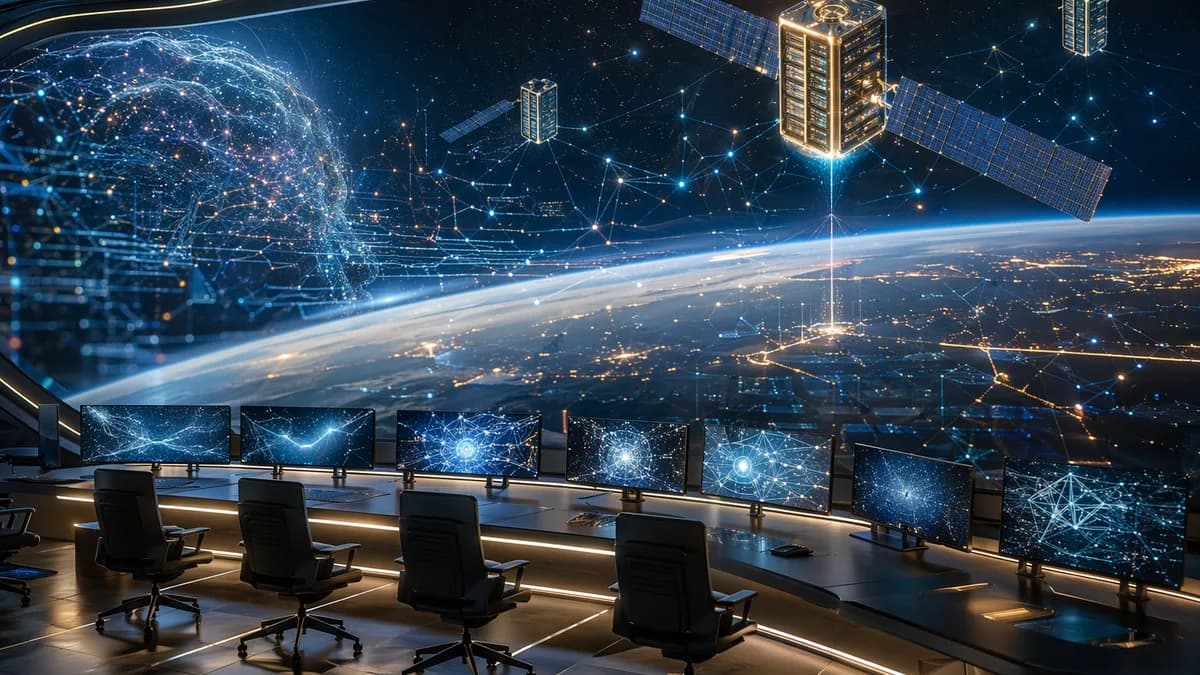 Analysts examine speculative orbital data center concepts in a futuristic AI mission control room.