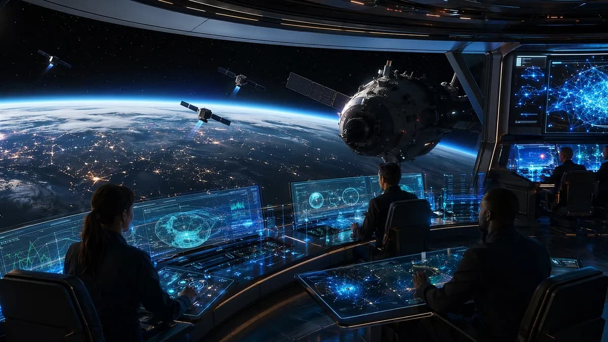 Private orbital mission control tracking satellites during a tense space encounter.