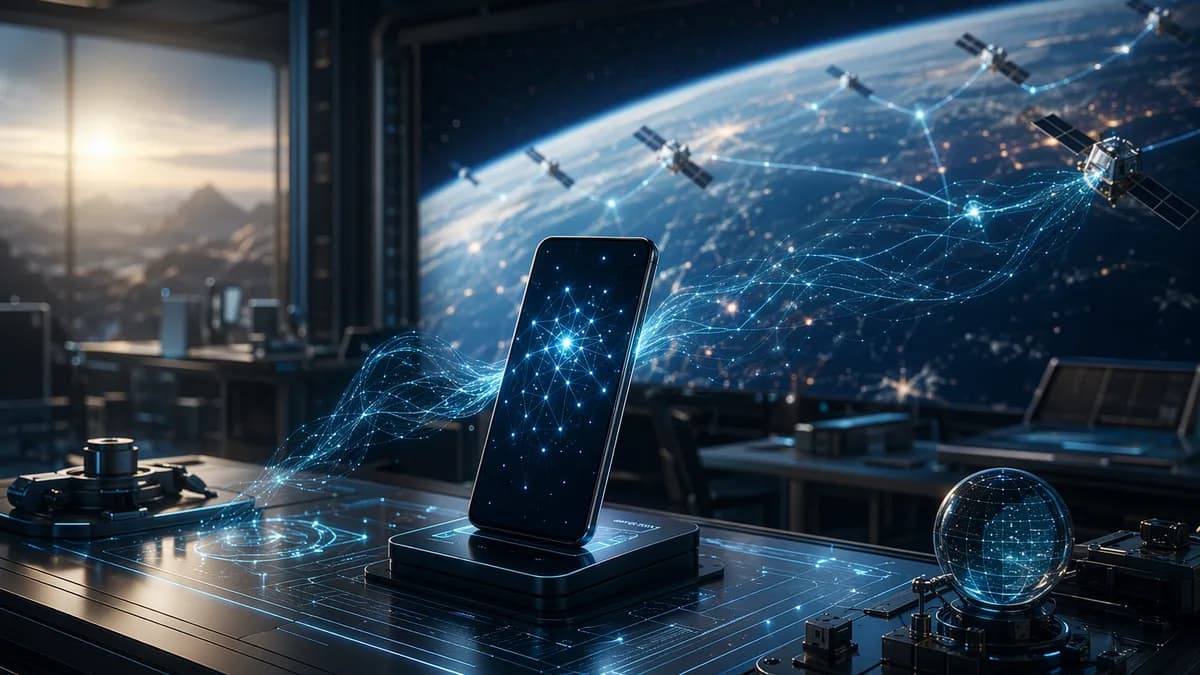 Smartphone-like AI device prototype connected to satellites and neural networks in a futuristic workspace