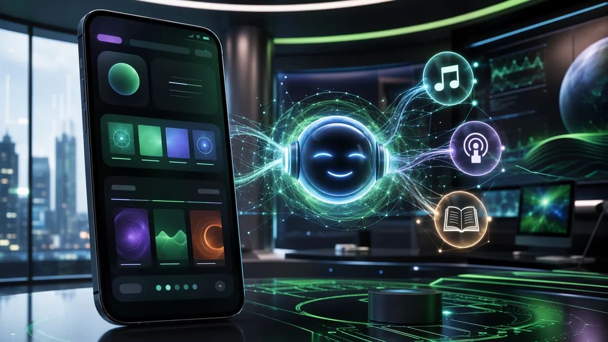 AI chatbot interface for music, podcasts, and audiobooks in a futuristic tech workspace