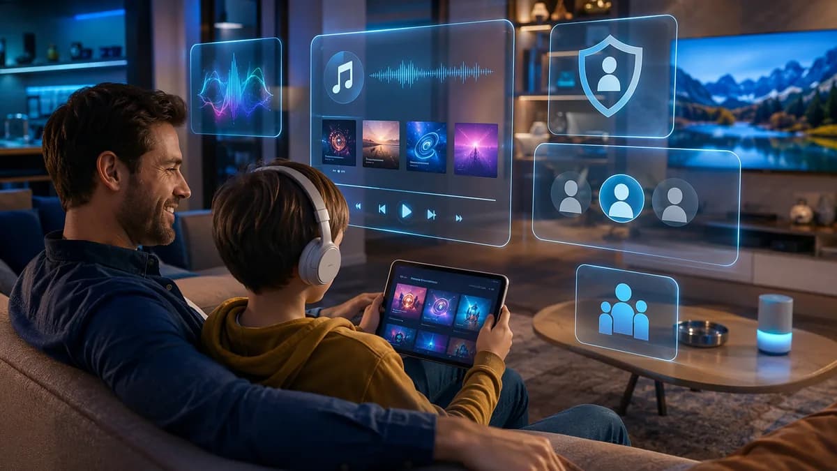 Parent and child use a tablet with music safety controls in a futuristic connected home.
