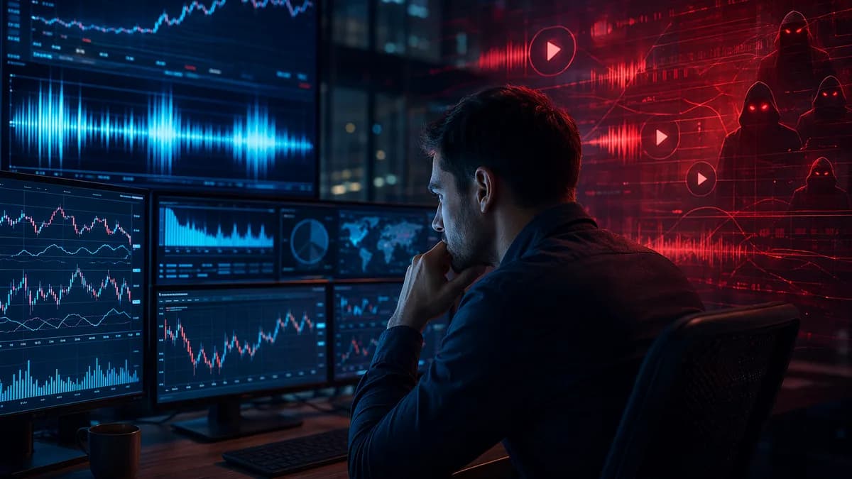 Trader monitors market charts and music stream data as fake activity is flagged in a cinematic trading room.