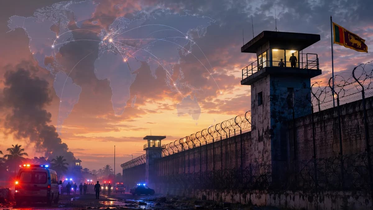 Sri Lankan prison at dusk with emergency lights, smoke haze, and a subtle global map overlay