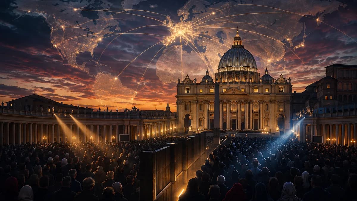 Vatican at dusk with global map connections and divided crowds symbolizing a worldwide religious schism