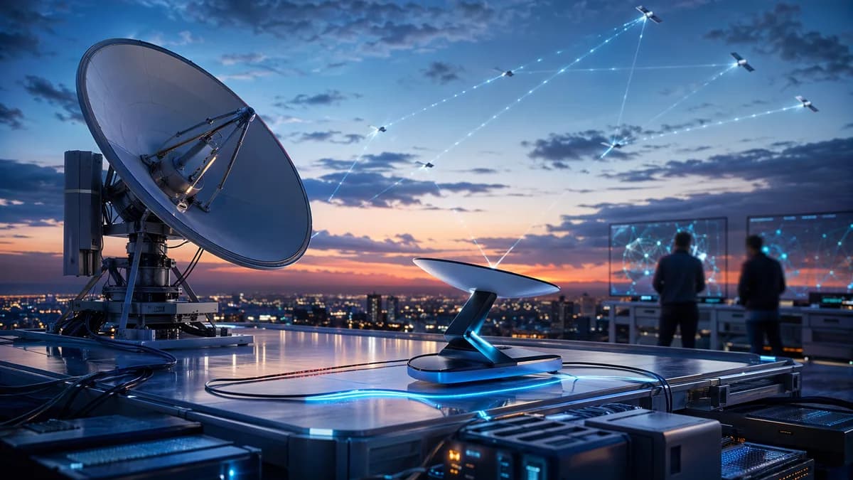 Compact satellite internet dish compared with larger model in a futuristic rooftop tech workspace