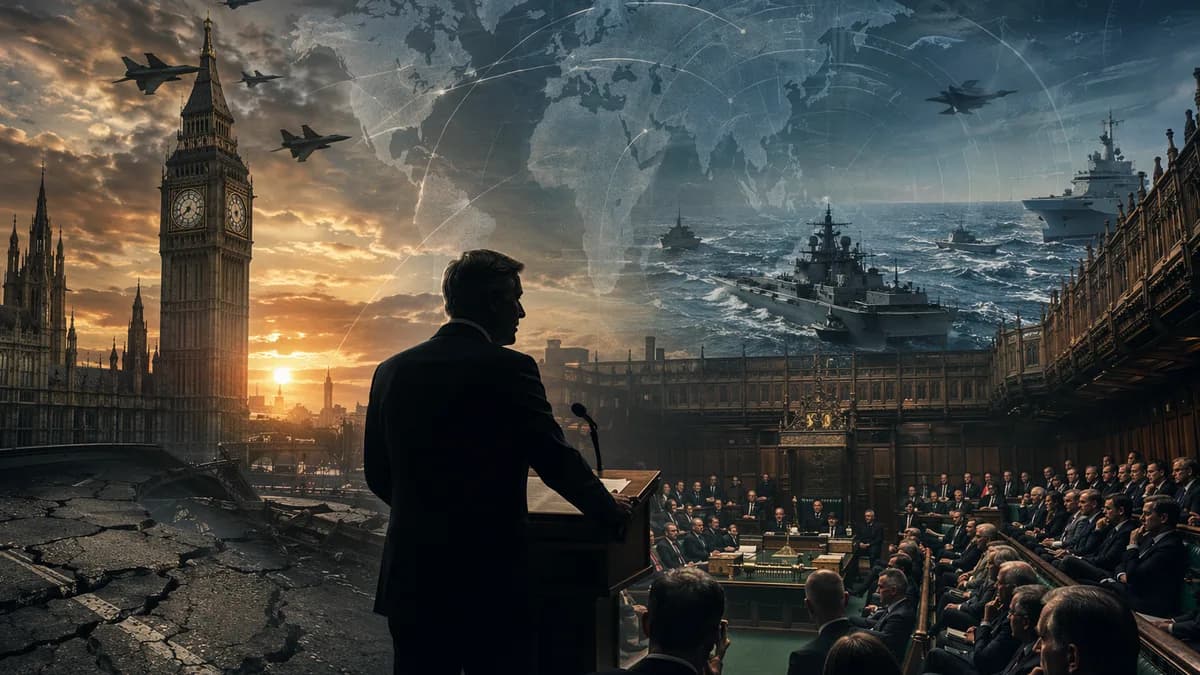 Tense UK defence funding debate with Westminster, military silhouettes, roads, and global map connections