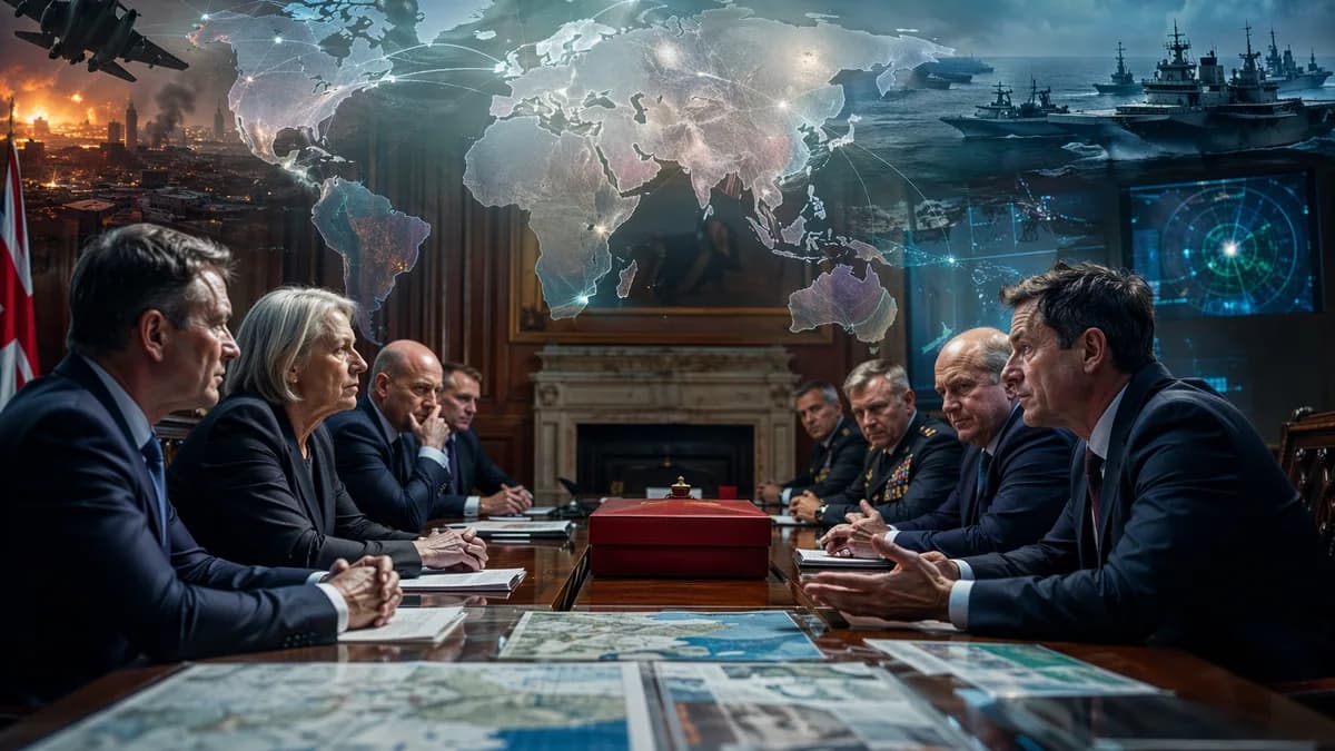 UK defence debate scene with world map, military assets, and tense parliamentary atmosphere.